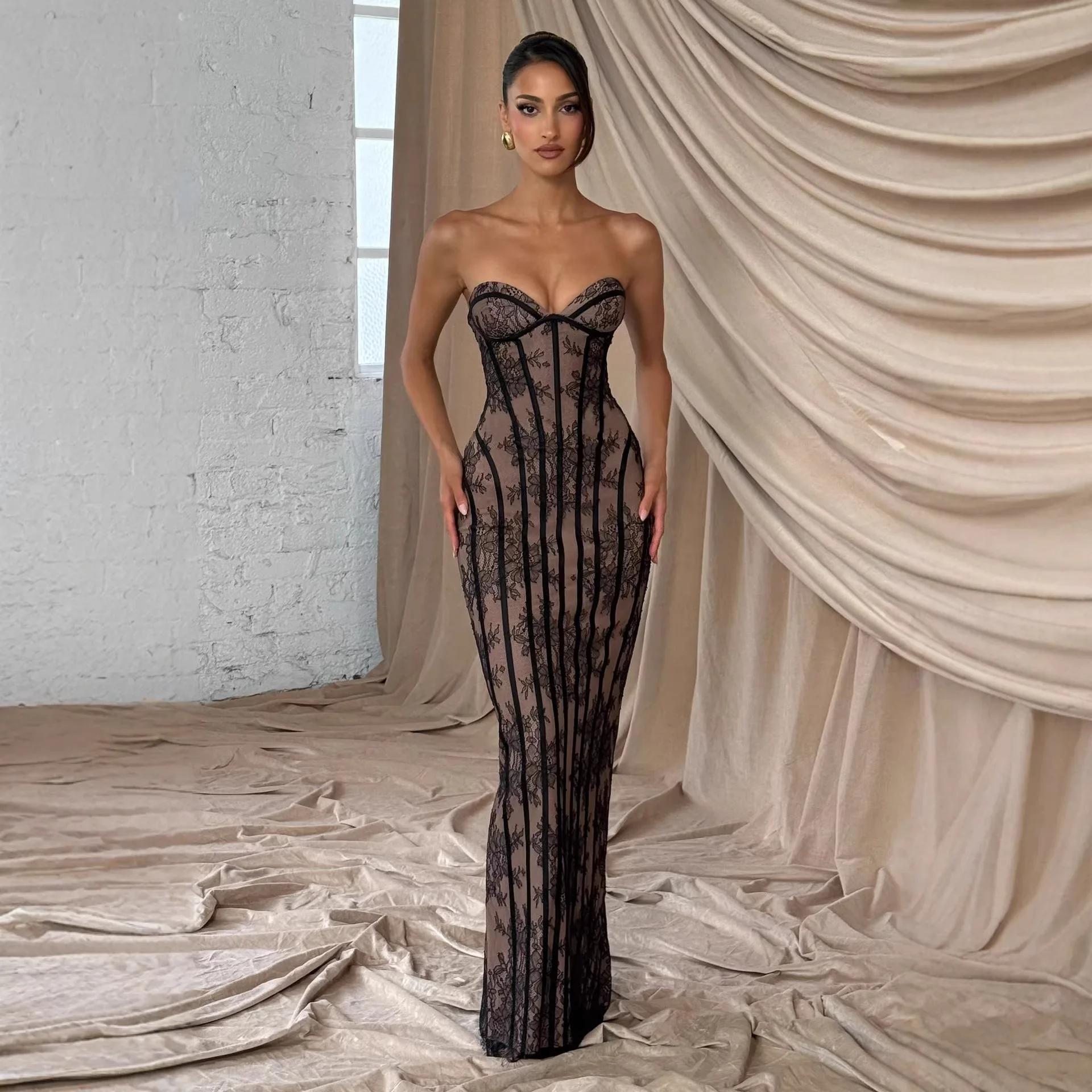 Robe longue élégante sans bretelles en dentelle pour femme, robe de soirée sexy avec corset, robe ma