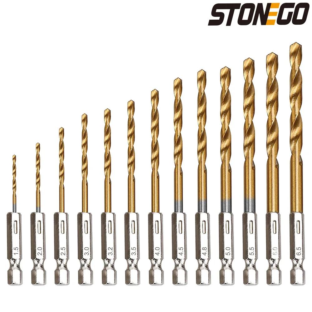 STONEGO 13 pièces 1.5mm-6.5mm jeu de forets titane enduit acier rapide tige hexagonale ouvre-trou po