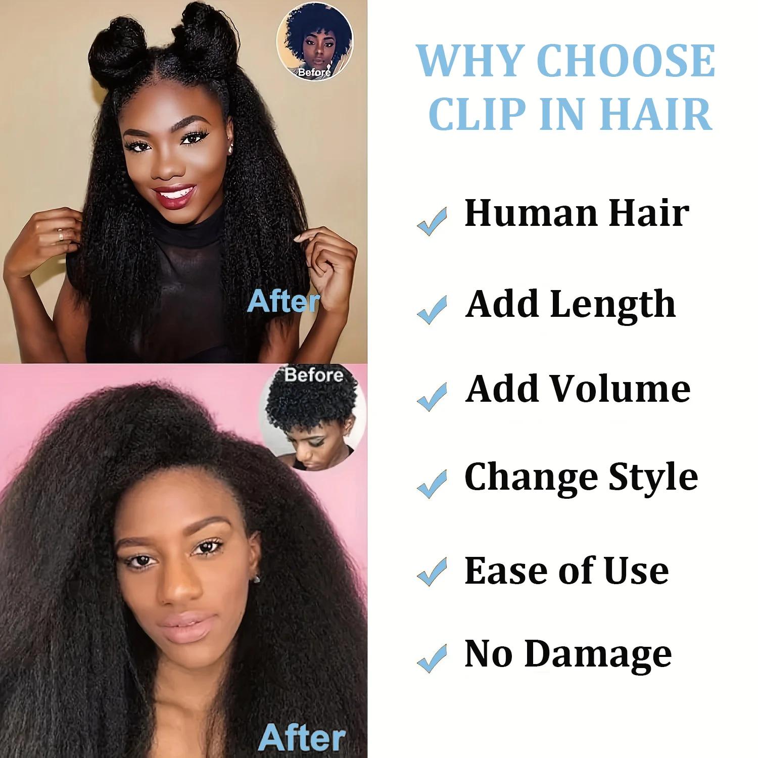 Extensions de cheveux brésiliens Remy à Clip, cheveux crépus lisses, 100% vrais cheveux humains, noi