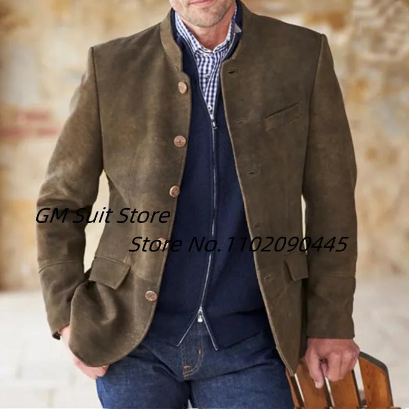 Veste élégante pour homme, style britannique, en daim, col montant, couleur unie, simple rangée de c