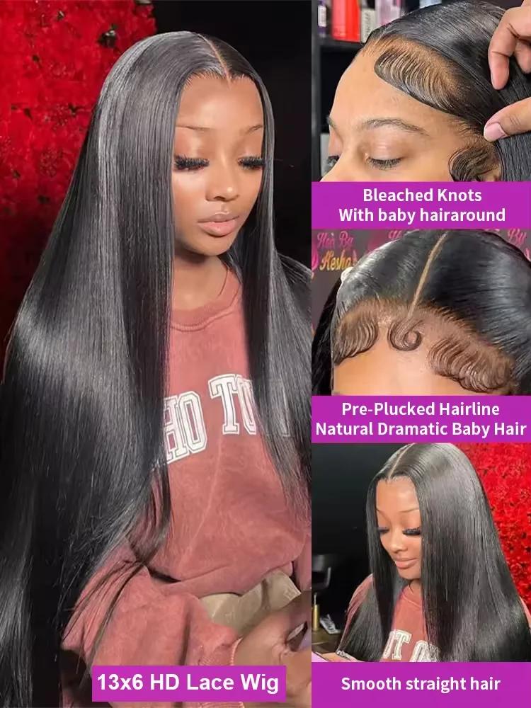Perruque lace front 13x6 lisse pour femmes cheveux humains brésiliens HD lace pré épilée sans colle