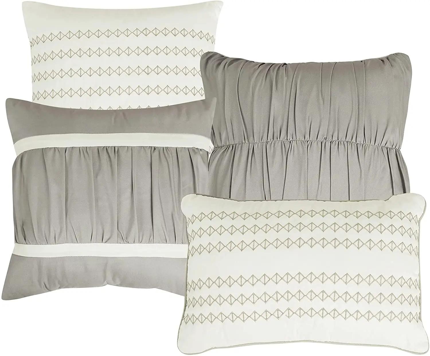 Ensemble de couette Queen de luxe gris, microcarence rayée, polyester, 7 pièces