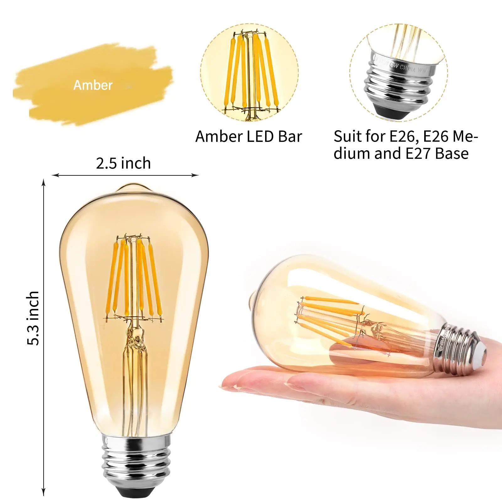 Ampoule à Filament LED ST64 à intensité variable, E27, 220V, 6W, 2200K, verre ambre, Vintage, Edison