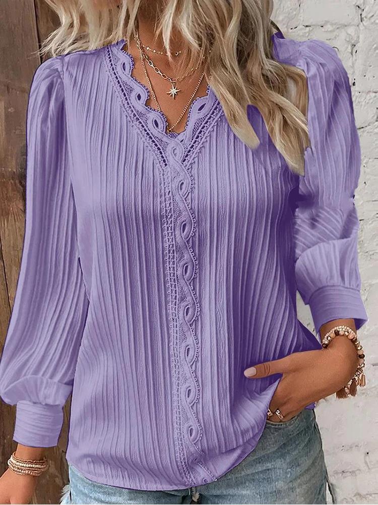 Chemise ample en dentelle pour femmes, col en v, manches longues, pull en mousseline de soie, haut d