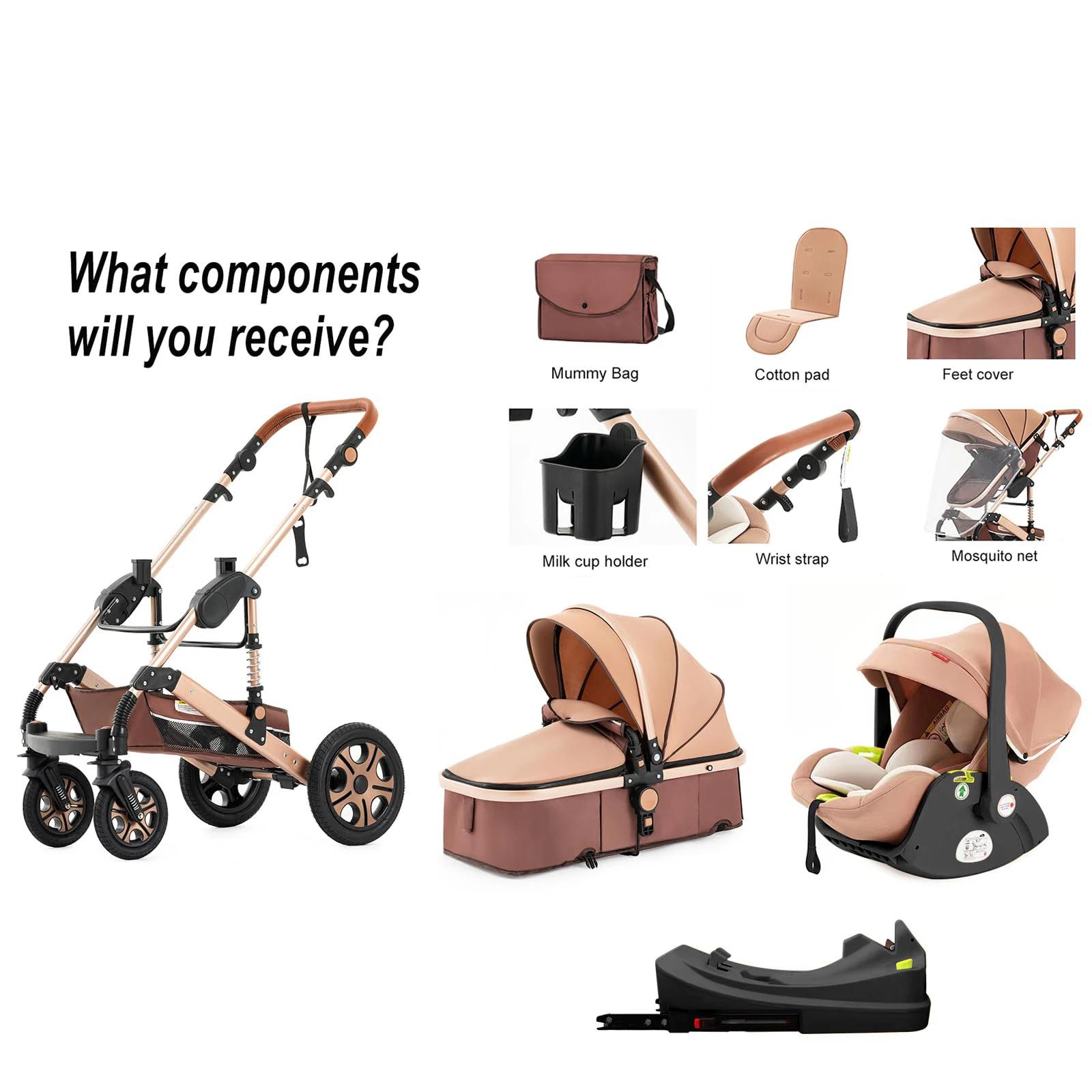 Poussette combinée avec siège auto pour nouveau-né avec base Isofix, poussette 3 en 1 réversible pou