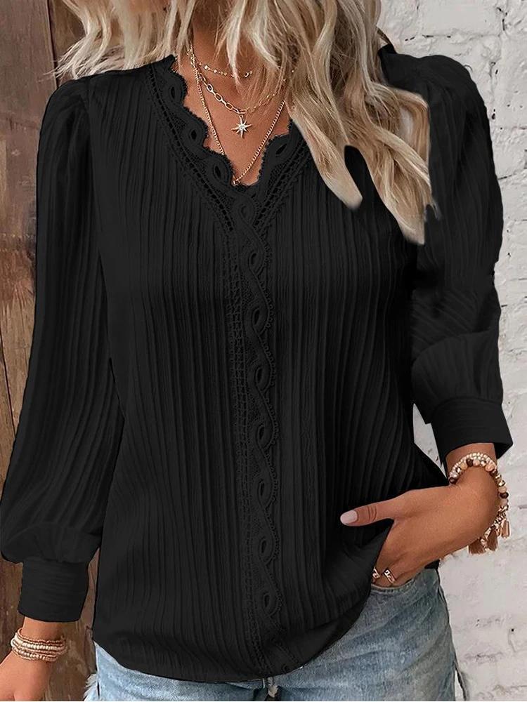 Chemise ample en dentelle pour femmes, col en v, manches longues, pull en mousseline de soie, haut d