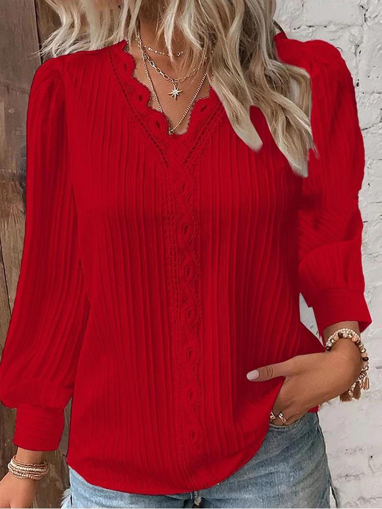 Chemise ample en dentelle pour femmes, col en v, manches longues, pull en mousseline de soie, haut d
