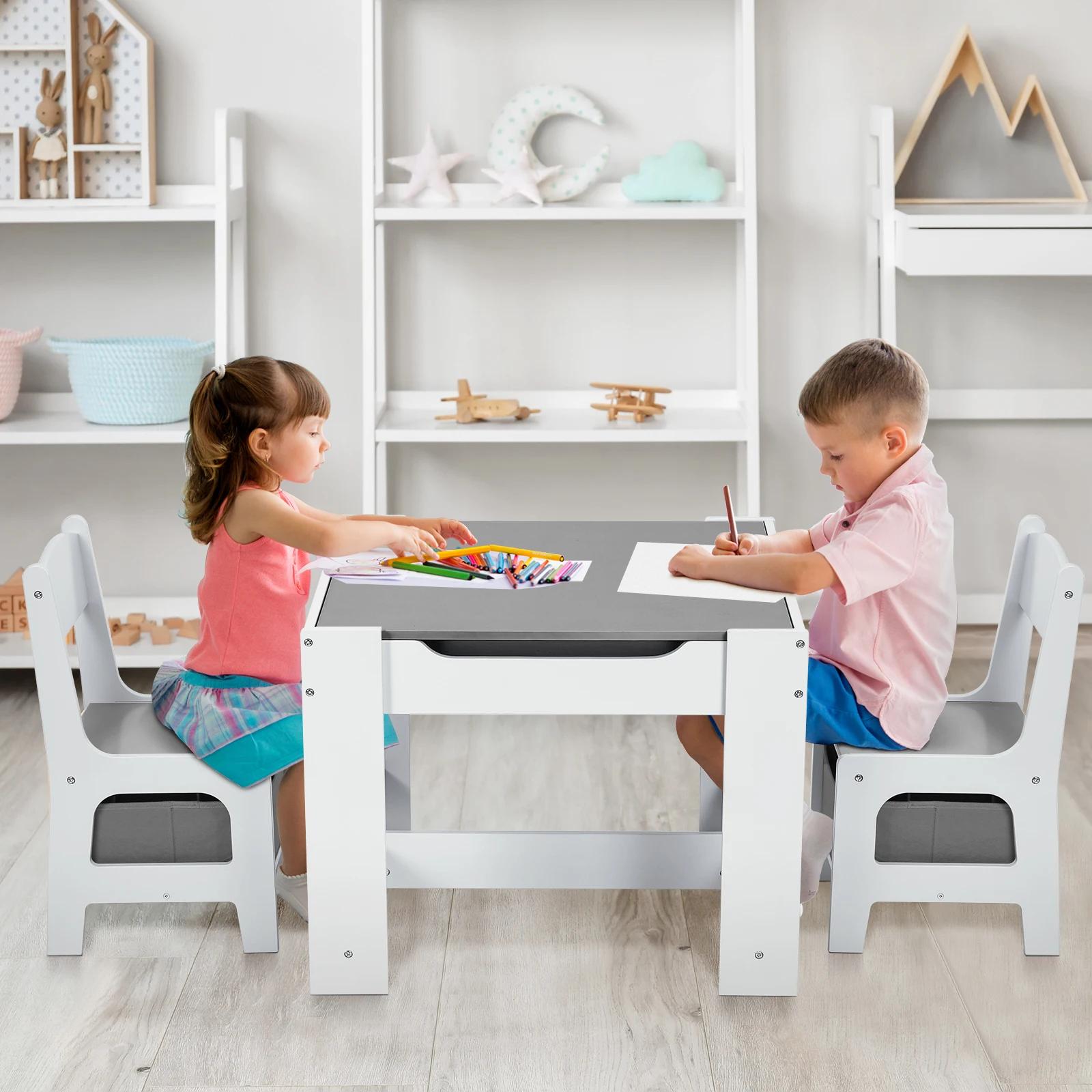 AOOU-Ensemble de table et 2 chaises pour enfants, table d'activité en bois 3 en 1, poignées amovible
