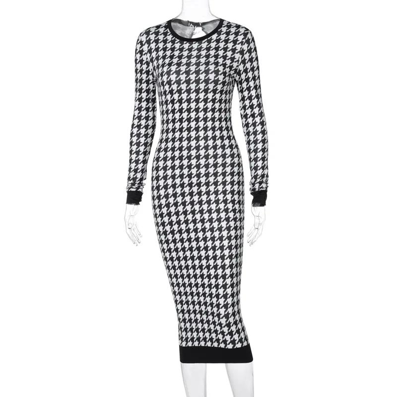Robe mi-longue imprimée pied-de-poule pour femmes, manches longues, ajourée, moulante, Sexy, Streetw