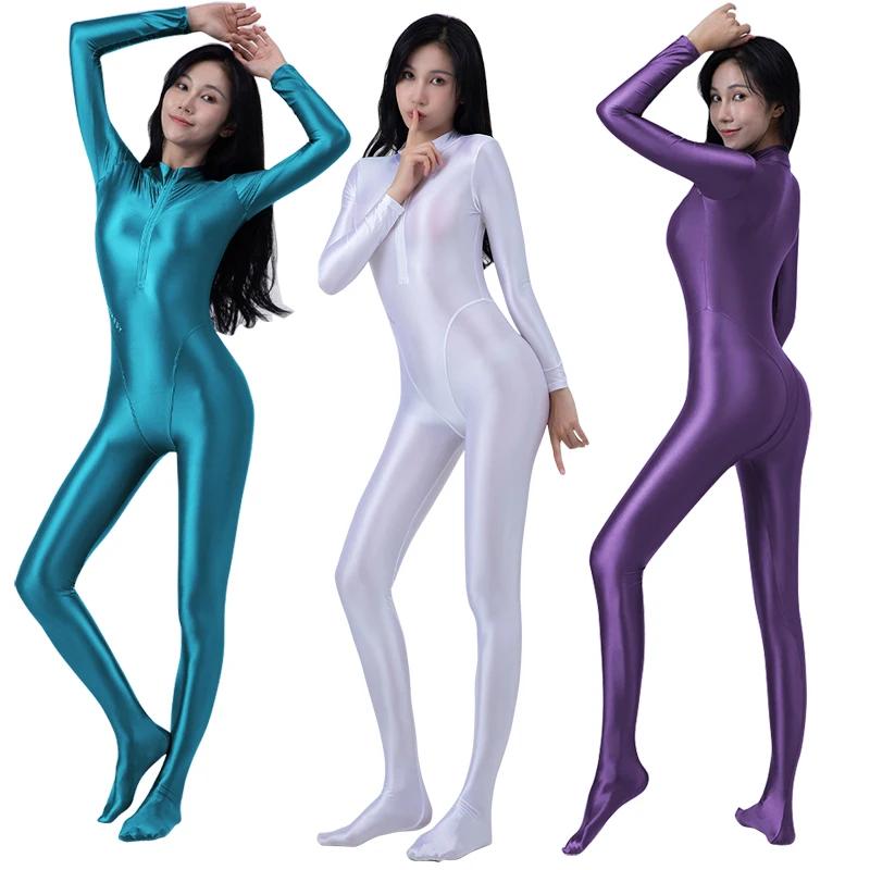 Sexy avant fermeture éclair huile collants brillant lisse une pièce maillot de bain femmes Yoga comb