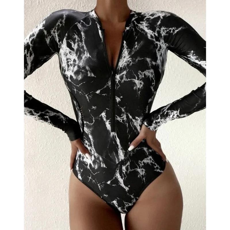 Été impression fermeture éclair une pièce maillot de bain fermé à manches longues maillots de bain s
