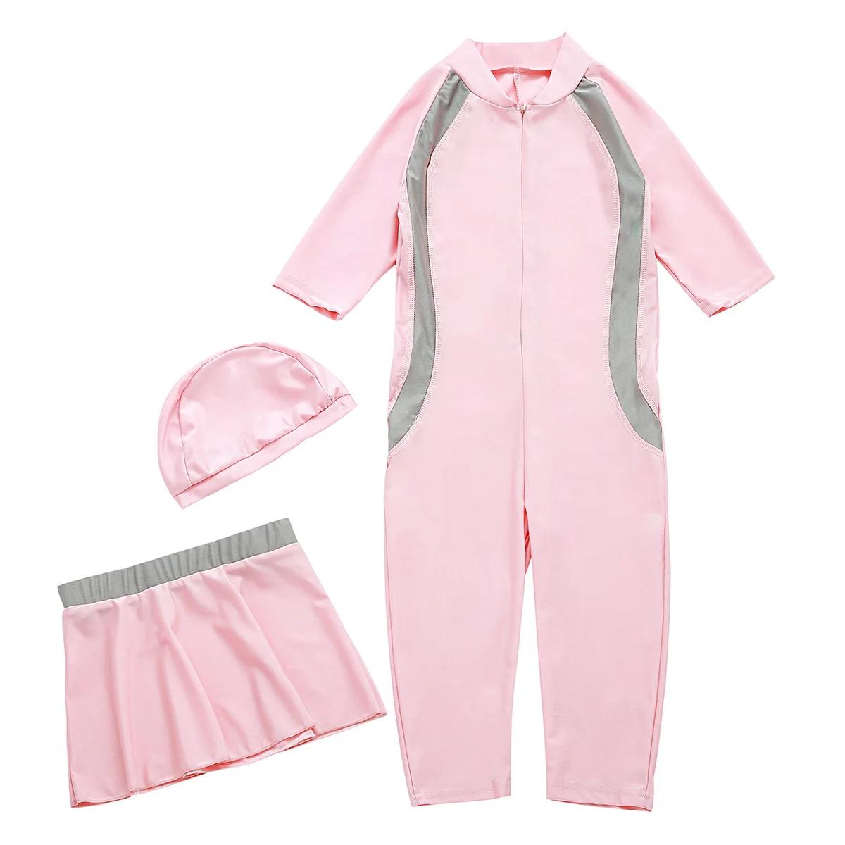 Maillot de bain musulman pour filles, ensemble jupe et bonnet, 3 pièces, modeste, tenue de plage ara