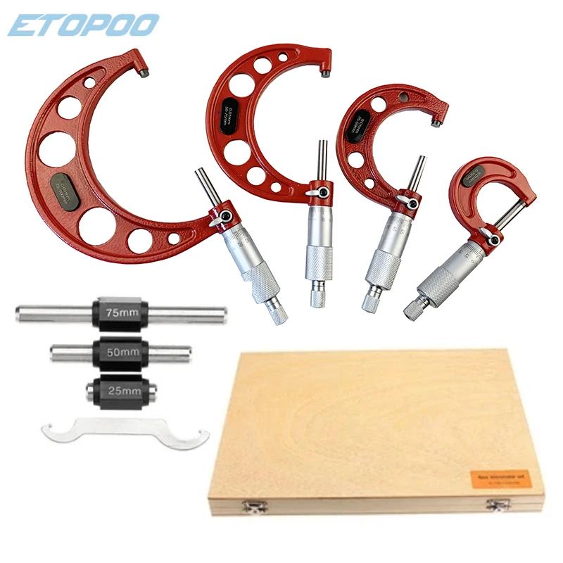 Ensemble de micromètres extérieurs 0-25mm-50mm-75mm-100mm avec arrêt à cliquet standard, plage 0-100