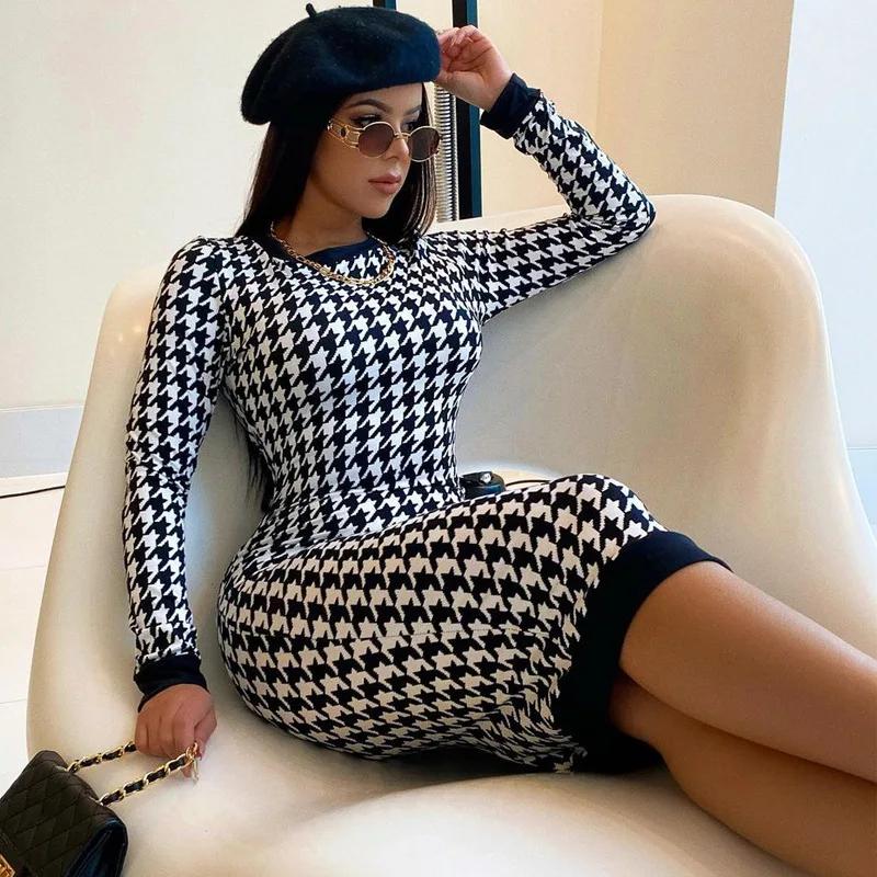 Robe mi-longue imprimée pied-de-poule pour femmes, manches longues, ajourée, moulante, Sexy, Streetw