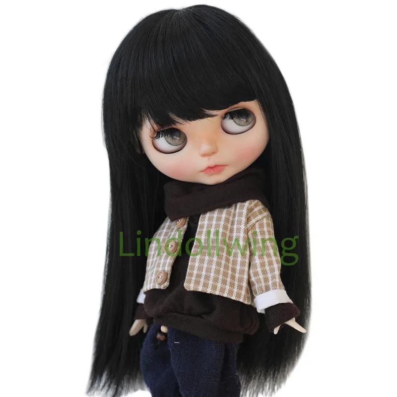 Perruque Blyth de 9 à 10 pouces, cheveux noirs longs et lisses
