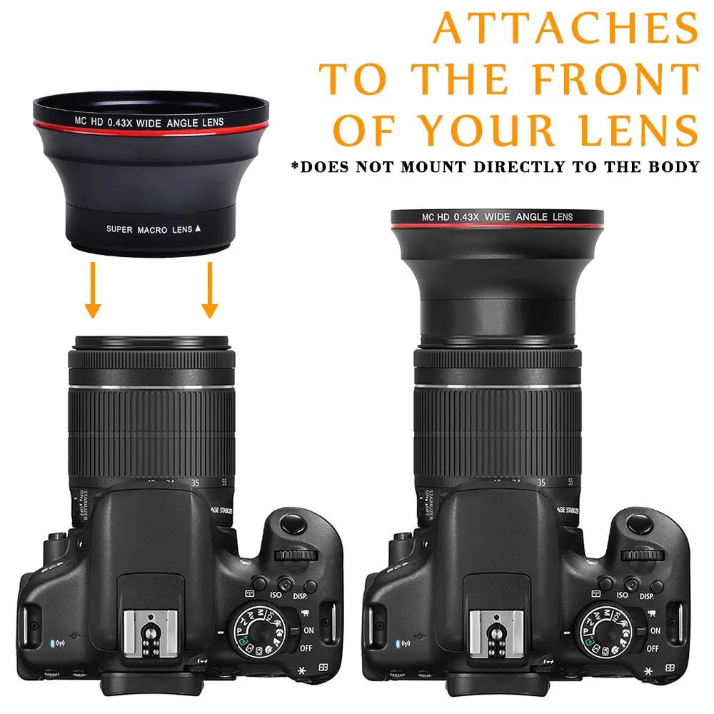Objectif de caméra grand Angle HD professionnel 52 55 58MM 0.43x, Macro pour Canon EOS Rebel 77D T7i