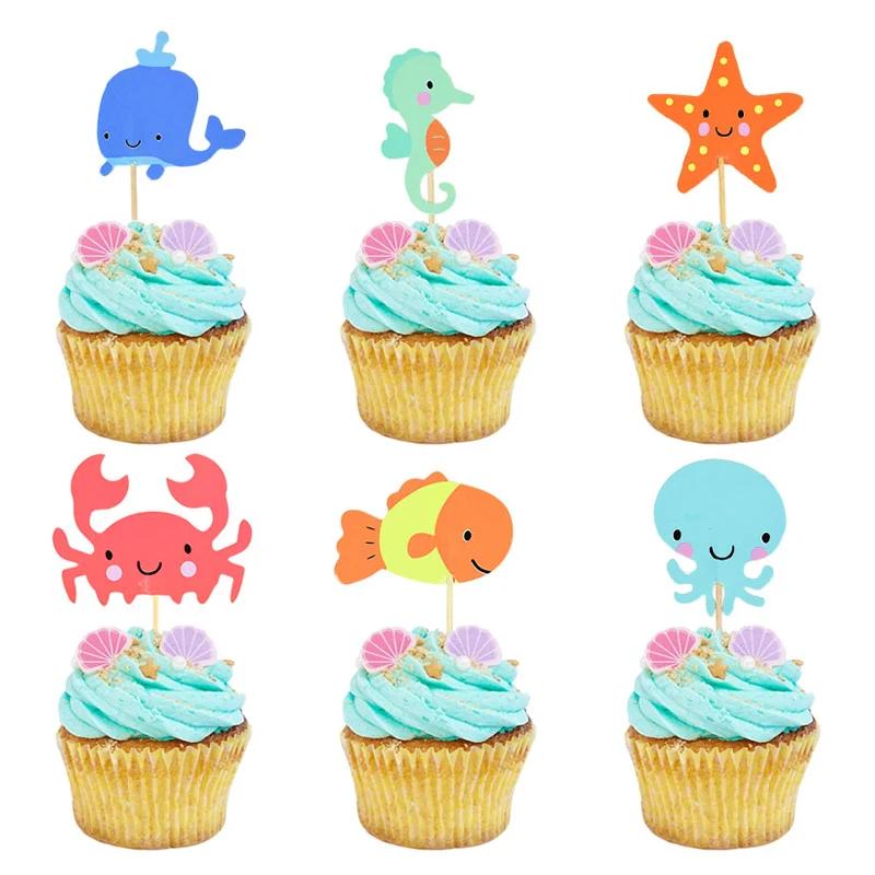 Décorations de Cupcake sous la mer, 24 pièces, drapeaux de fête sous la mer, thème sirène, fête prén