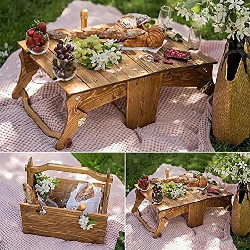 Table pliante de pique-nique en plein air 2 en 1, bureau en bois multifonctionnel, panier de rangeme