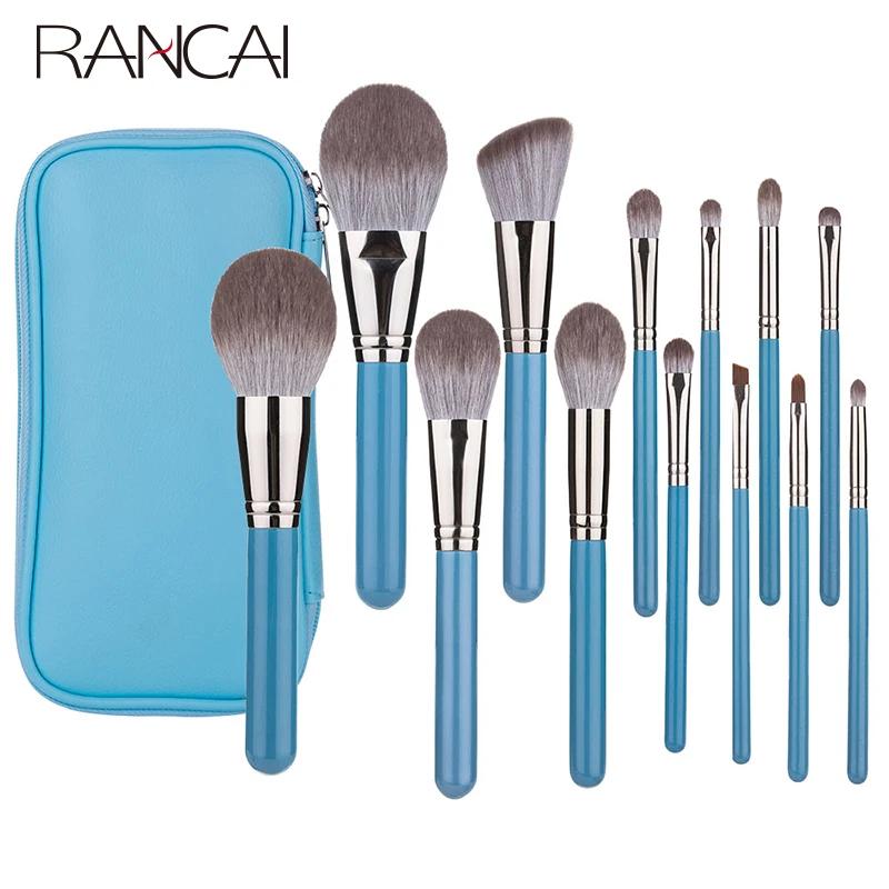 RANCAI-Ensemble de pinceaux de maquillage avec sac en cuir, fond de teint, poudre, fard à barrage, f