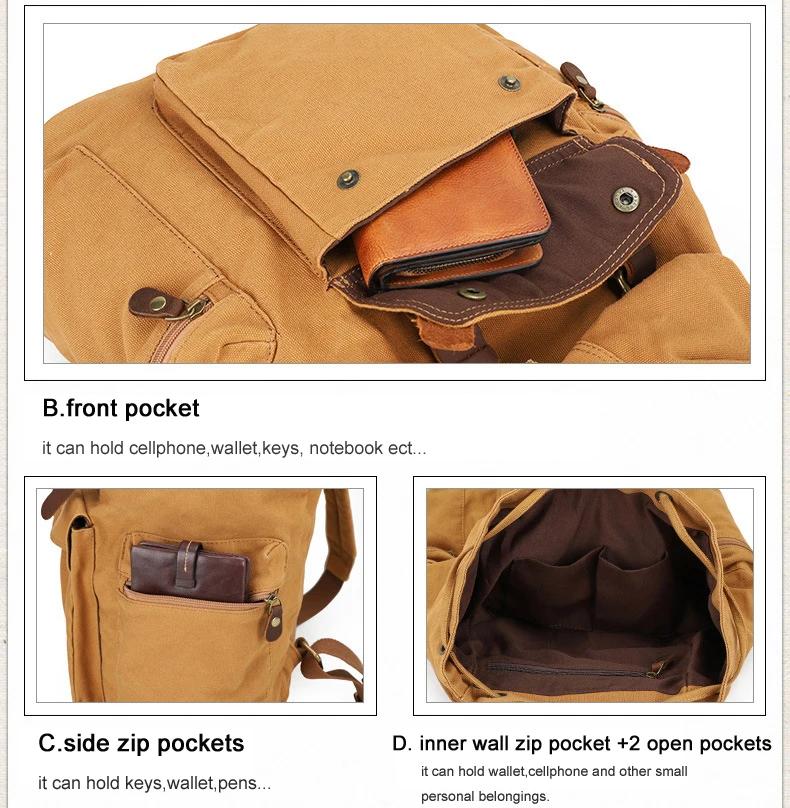 Sac à dos militaire en cuir vintage pour hommes et femmes, sac d'école en toile, sac à dos avec cord