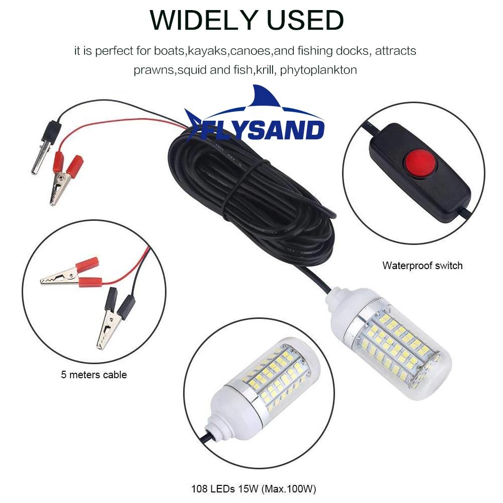 FLYSAND lampe sous-marine Ultra lumineuse 12V 15W 108 LED lumière de pêche de nuit IP68 étanche gout