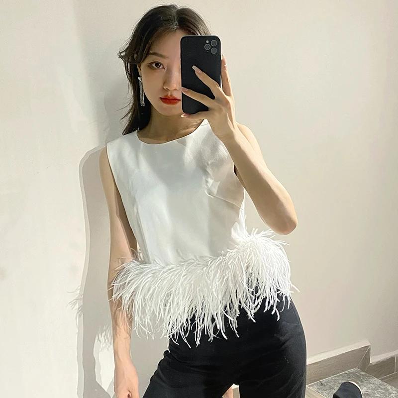 TWOTWINSTYLE noir Patchwork plumes mode coréenne petit haut femmes col rond sans manches mince hauts