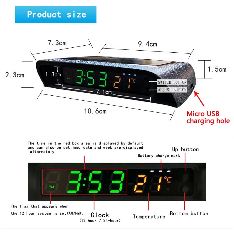 Horloge numérique de voiture solaire, thermomètre à double affichage couleur, interrupteur intellige