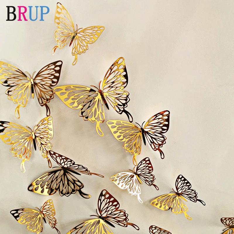 Autocollants muraux papillon doré et argenté creux 3D, 12 pièces/lot, décorations artistiques pour l