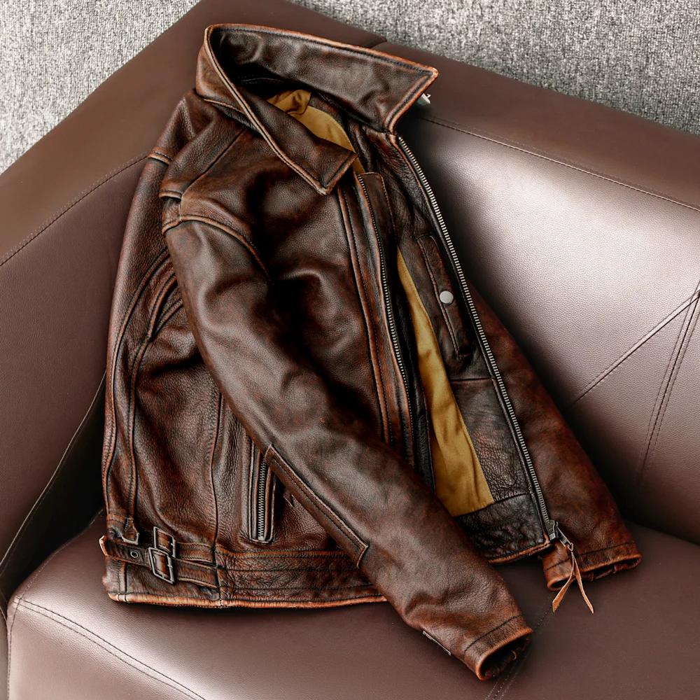 Veste en cuir à queue d'hirondelle pour hommes, haut de moto vintage, manteau en cuir de vachette, v