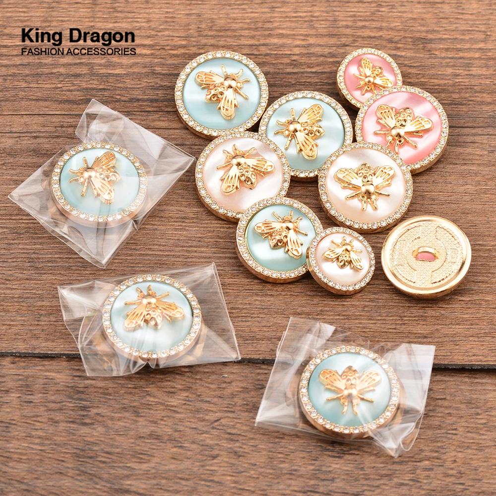 Nouvel Arrivage – Lot de 6 Boutons en Métal Doré avec Strass et Perles Roses et Bleues, Style Abeill