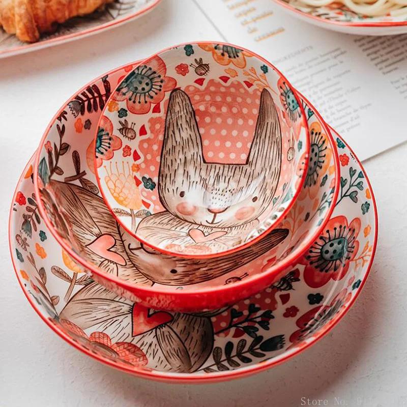 Filles et assiette peints à la main lapin mignon, UnderVest, bol à soupe domestique en céramique, bo