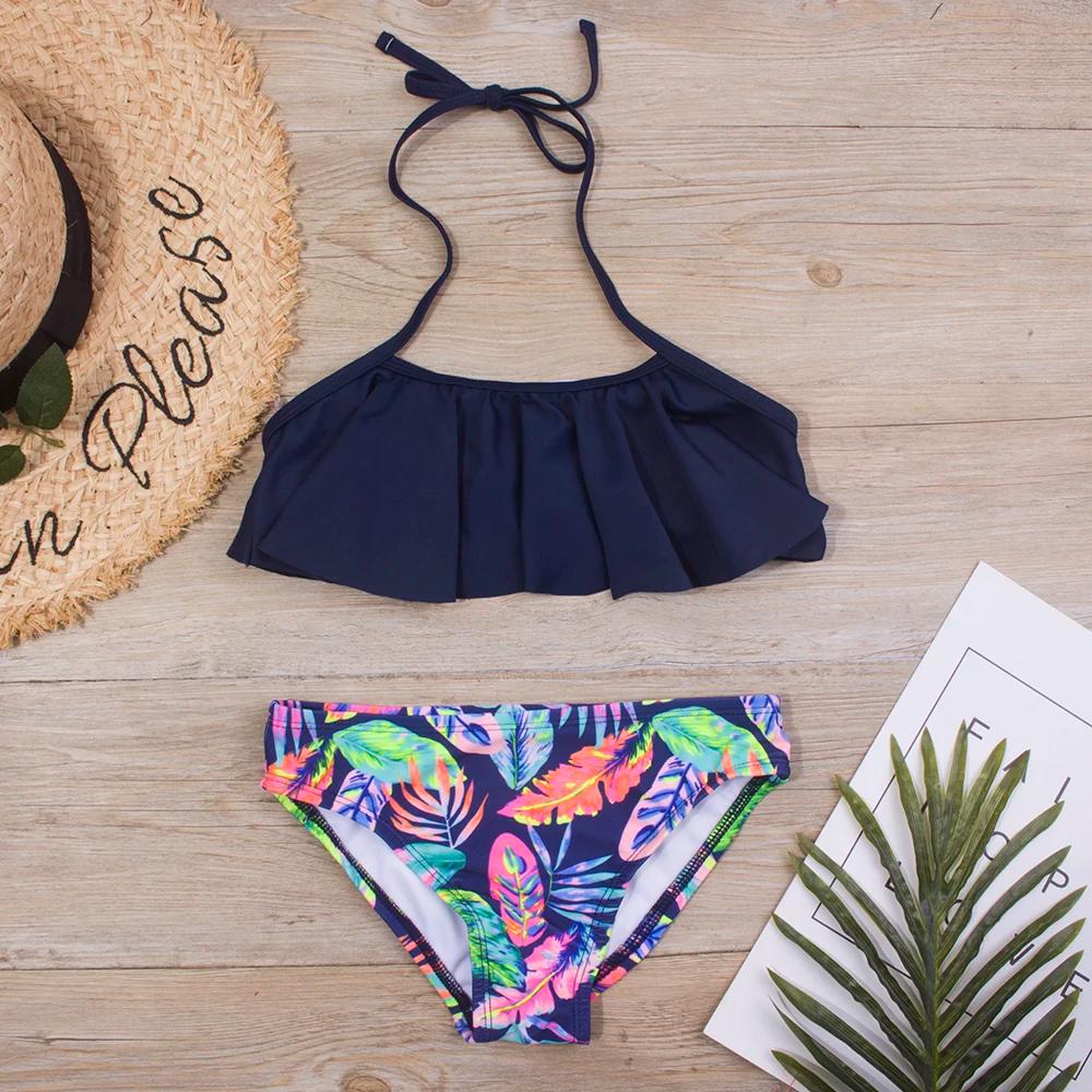 Maillot de bain à volants imprimé pour filles 5-14 ans - Ensemble bikini été bandage plage