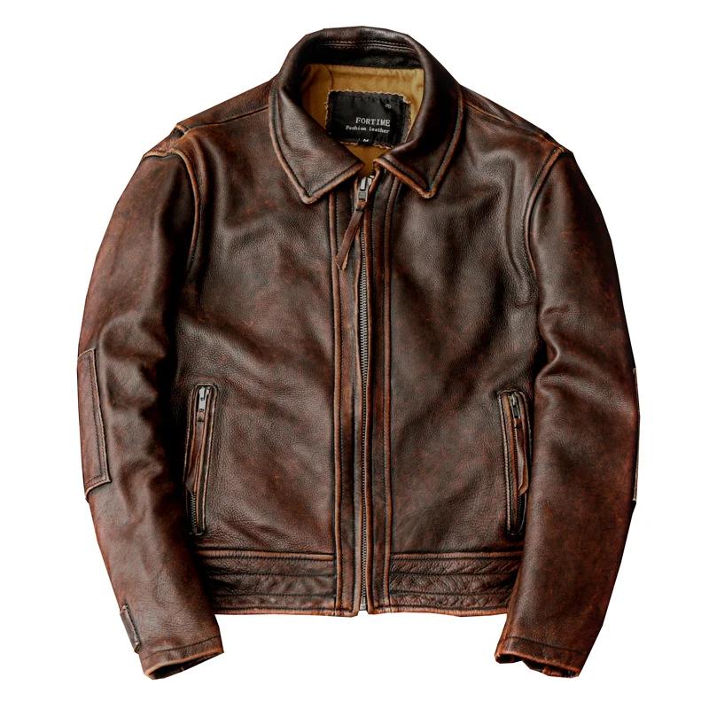 Veste en cuir à queue d'hirondelle pour hommes, haut de moto vintage, manteau en cuir de vachette, v