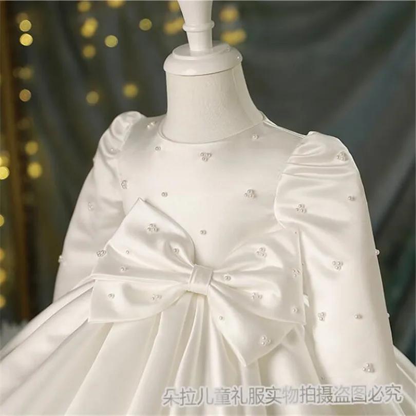 Robe de 1er anniversaire pour bébé fille, tenue de baptême à manches longues avec nœud Tutu, robe de