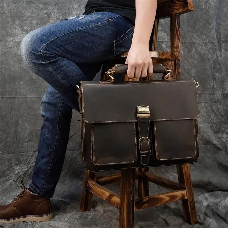 Sac d'ordinateur en cuir de vachette véritable pour homme, sac pour ordinateur portable, étui à bomb