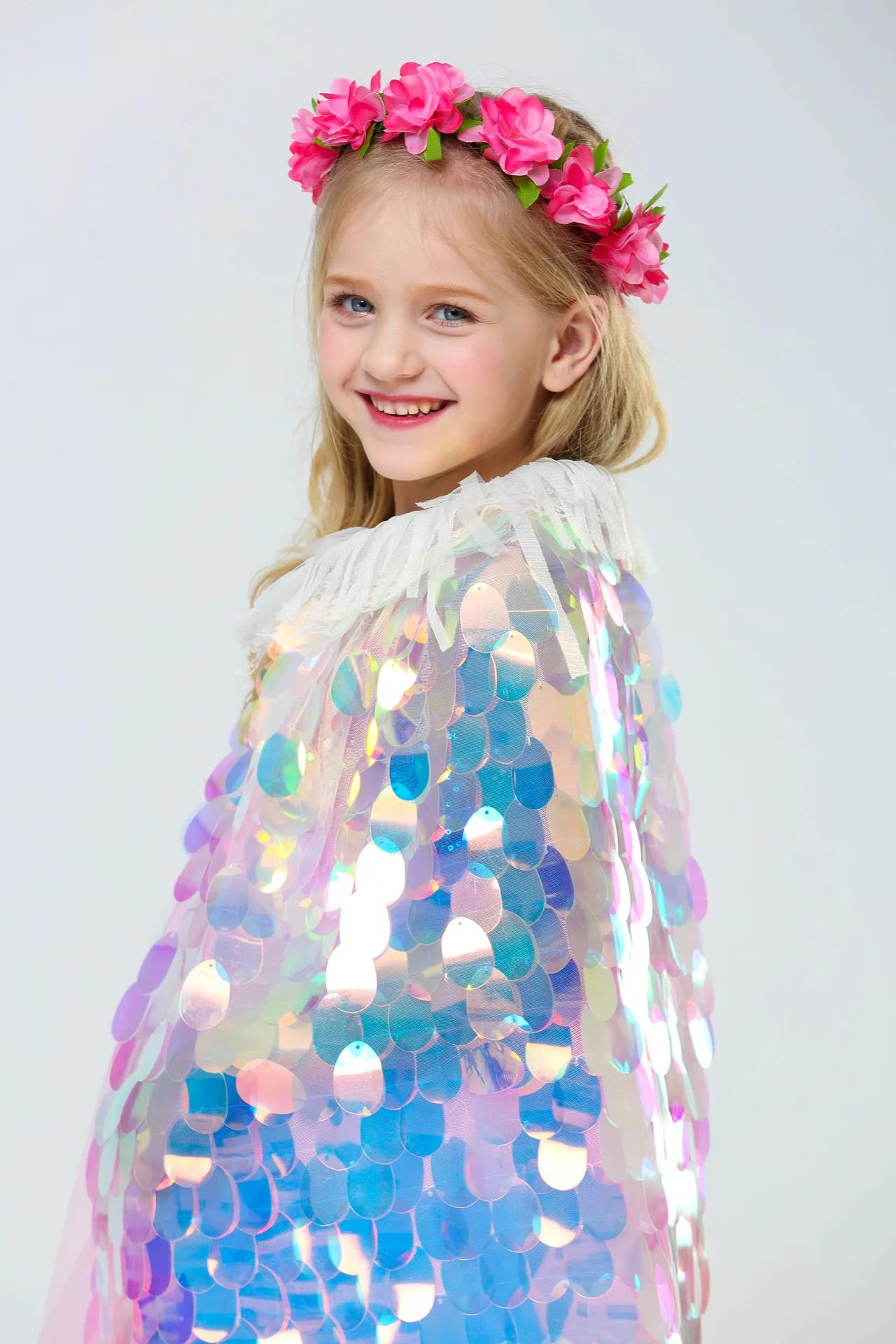 Cape à paillettes pour filles, petite sirène, vêtements de fête sur la plage, châle arc-en-ciel, Cos
