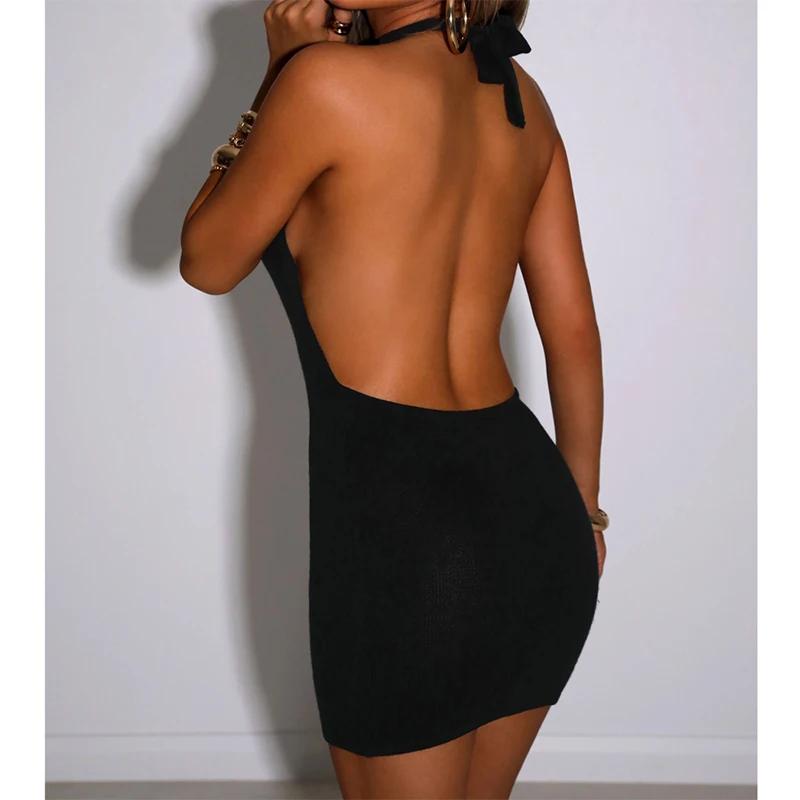 Robe moulante noire pour femmes, col licou, Sexy, slim, ajouré, dos nu, Mini, été, sans manches, pla
