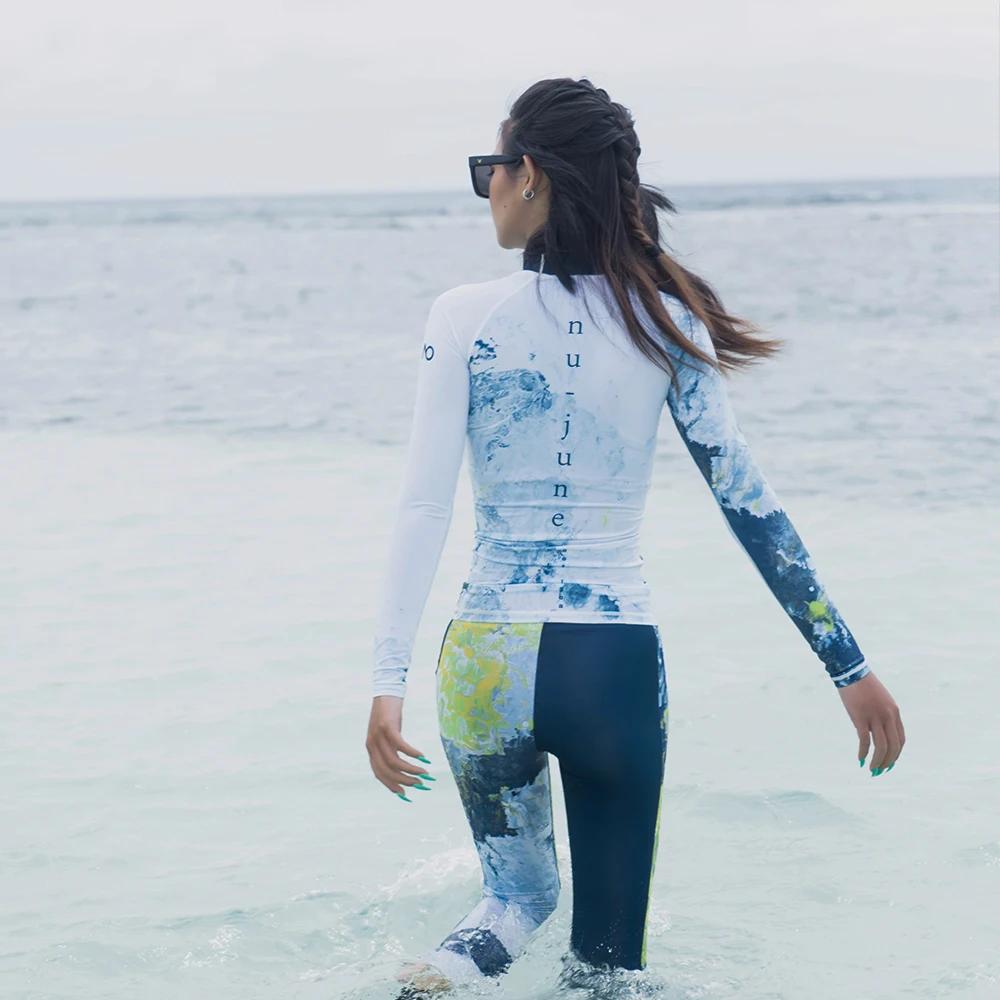Nu-juin femmes à manches longues maillot de bain Rashguard imprimé surf haut chemise de plongée séch