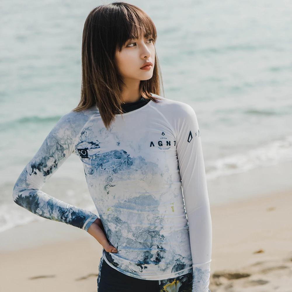 Nu-juin femmes à manches longues maillot de bain Rashguard imprimé surf haut chemise de plongée séch