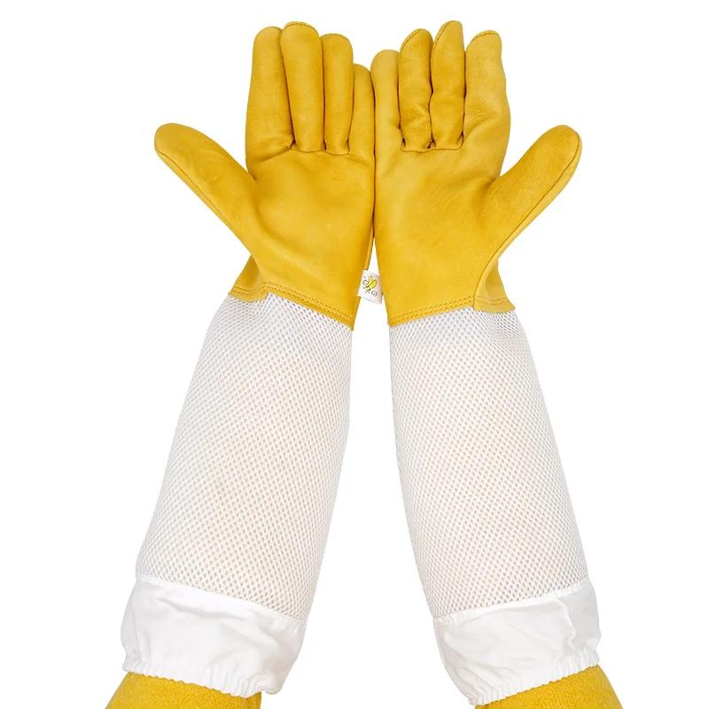 Gants de protection pour l'apiculture, manches respirantes, maille jaune, peau de mouton blanche et