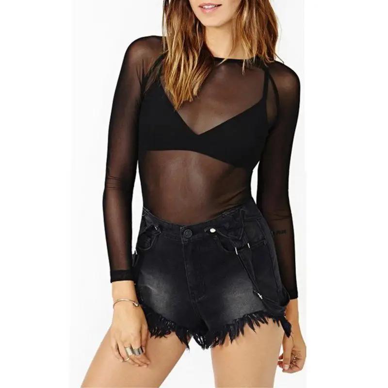 Chaud nouveau printemps été femmes à manches longues Sexy noir haut en maille t-shirts Transparent P