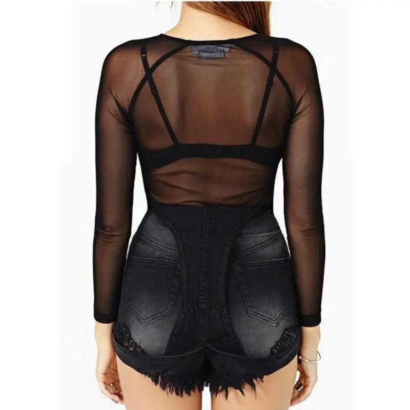 Chaud nouveau printemps été femmes à manches longues Sexy noir haut en maille t-shirts Transparent P