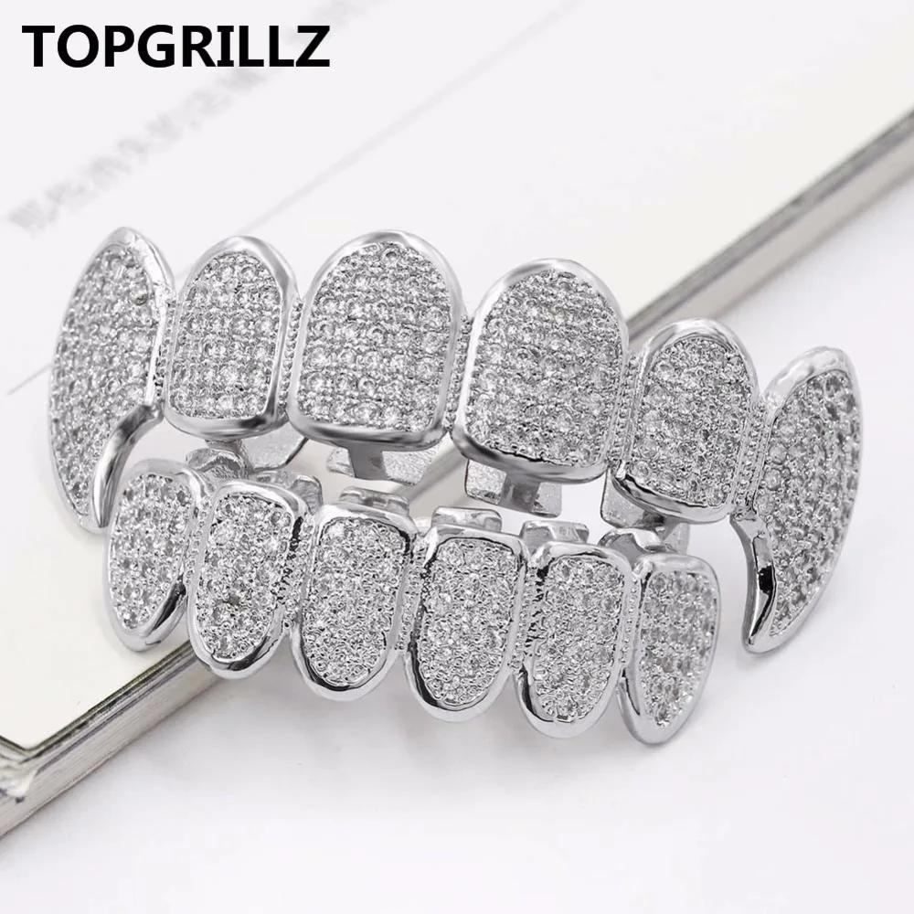 TOPGRILLZ – ensemble de grilles en Rhodium, plaqué argent, CZ, Micro pavé, haut et bas, dents de Vam