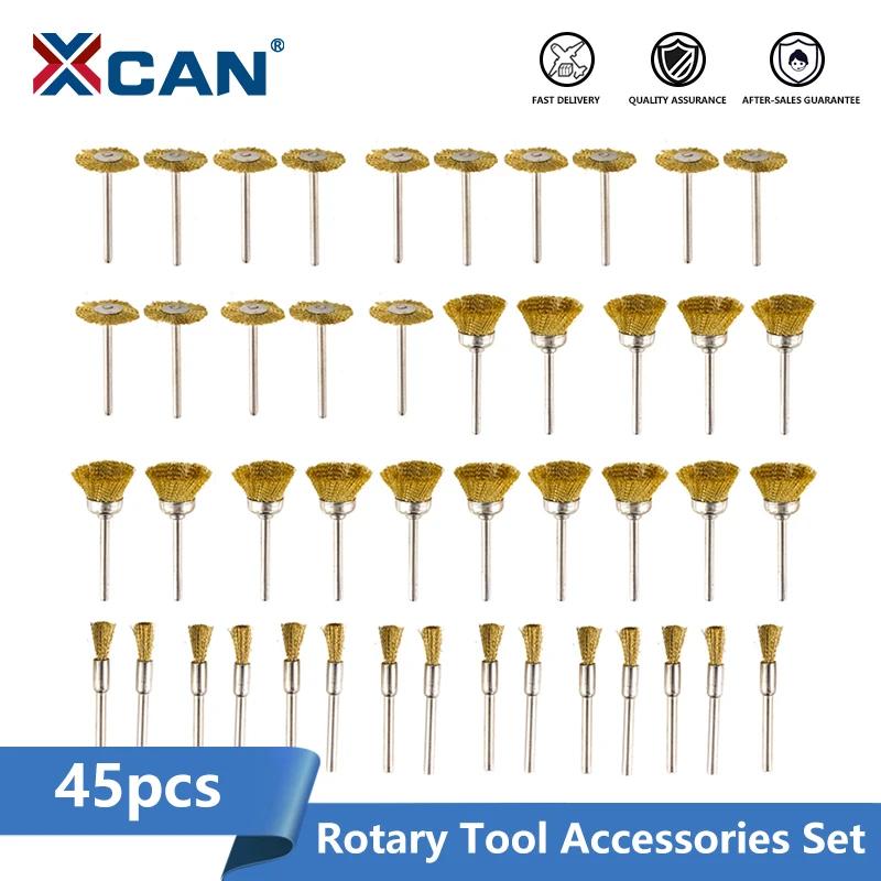 XCAN 45 pièces fil d'acier roue en laiton tasse brosse ensemble métal polissage roue 3mm tige pour D