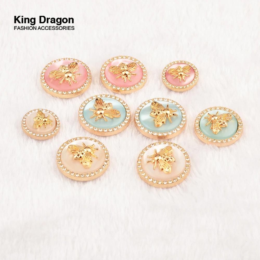 Nouvel Arrivage – Lot de 6 Boutons en Métal Doré avec Strass et Perles Roses et Bleues, Style Abeill