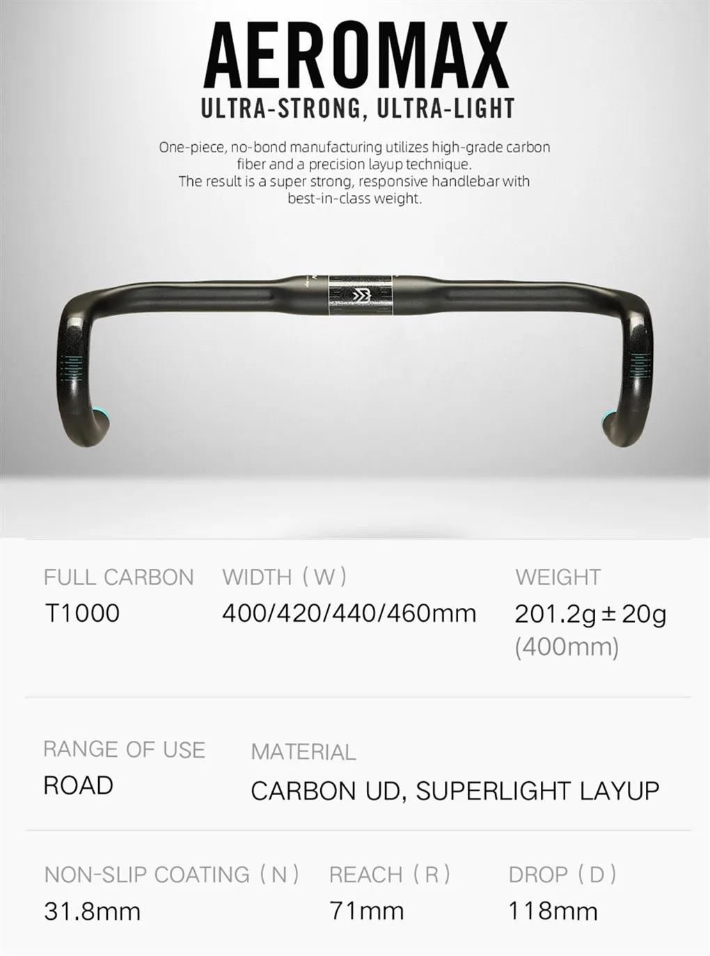 RYET AEROMAX-Guidon de vélo de route en carbone, poignées de vélo, tige 31.8mm, 400mm, 420mm, 440/46