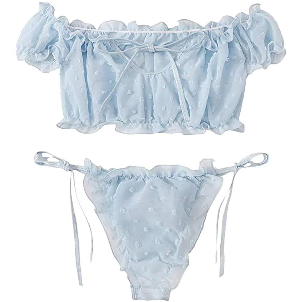 2 pièces épaules dénudées à lacets ensemble Bikini femmes doux décontracté à manches courtes maillot