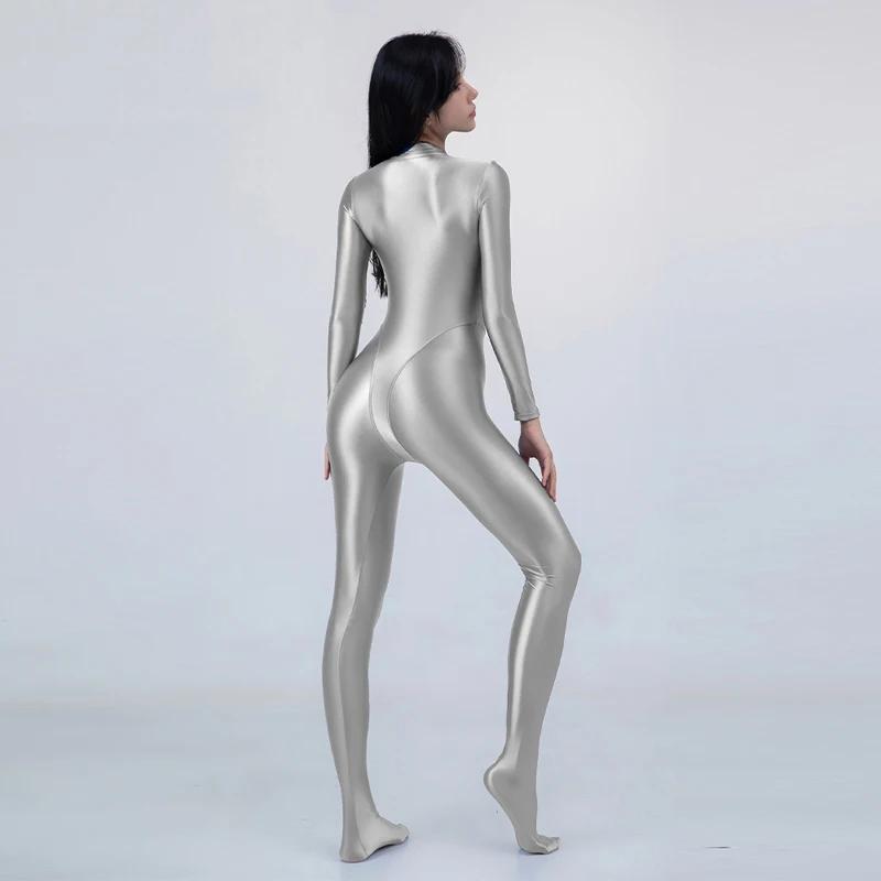 Sexy avant fermeture éclair huile collants brillant lisse une pièce maillot de bain femmes Yoga comb