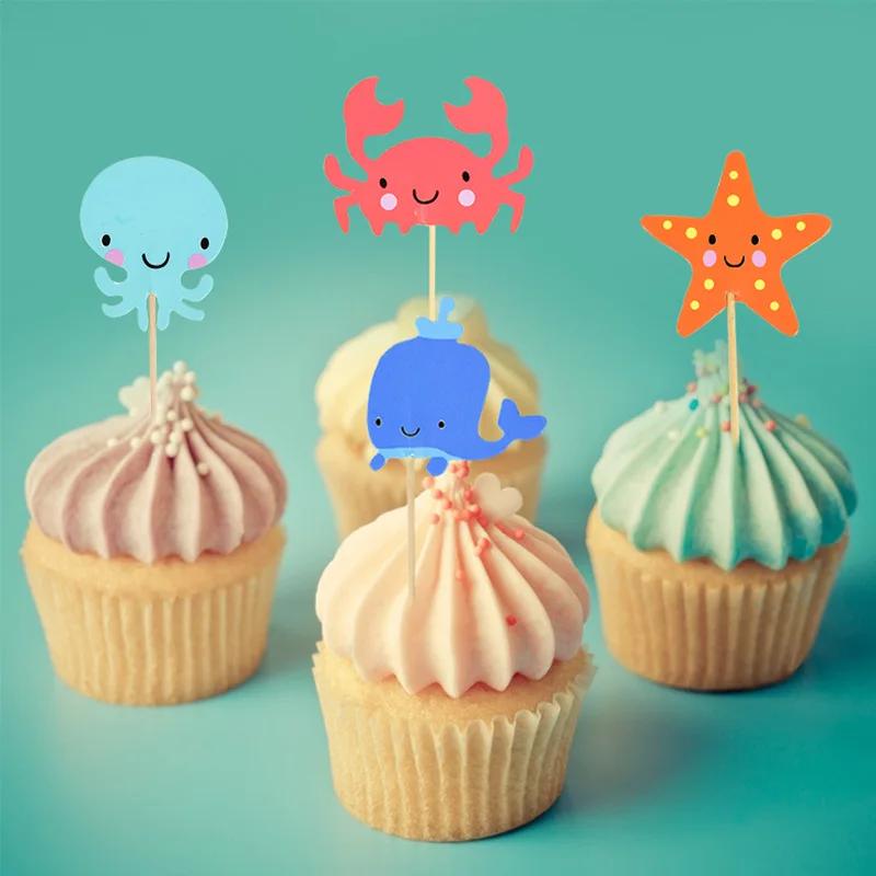 Décorations de Cupcake sous la mer, 24 pièces, drapeaux de fête sous la mer, thème sirène, fête prén