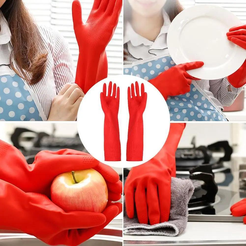 Gants de cuisine à manche longue en caoutchouc rouge, pour laver la vaisselle et livres, en latex im